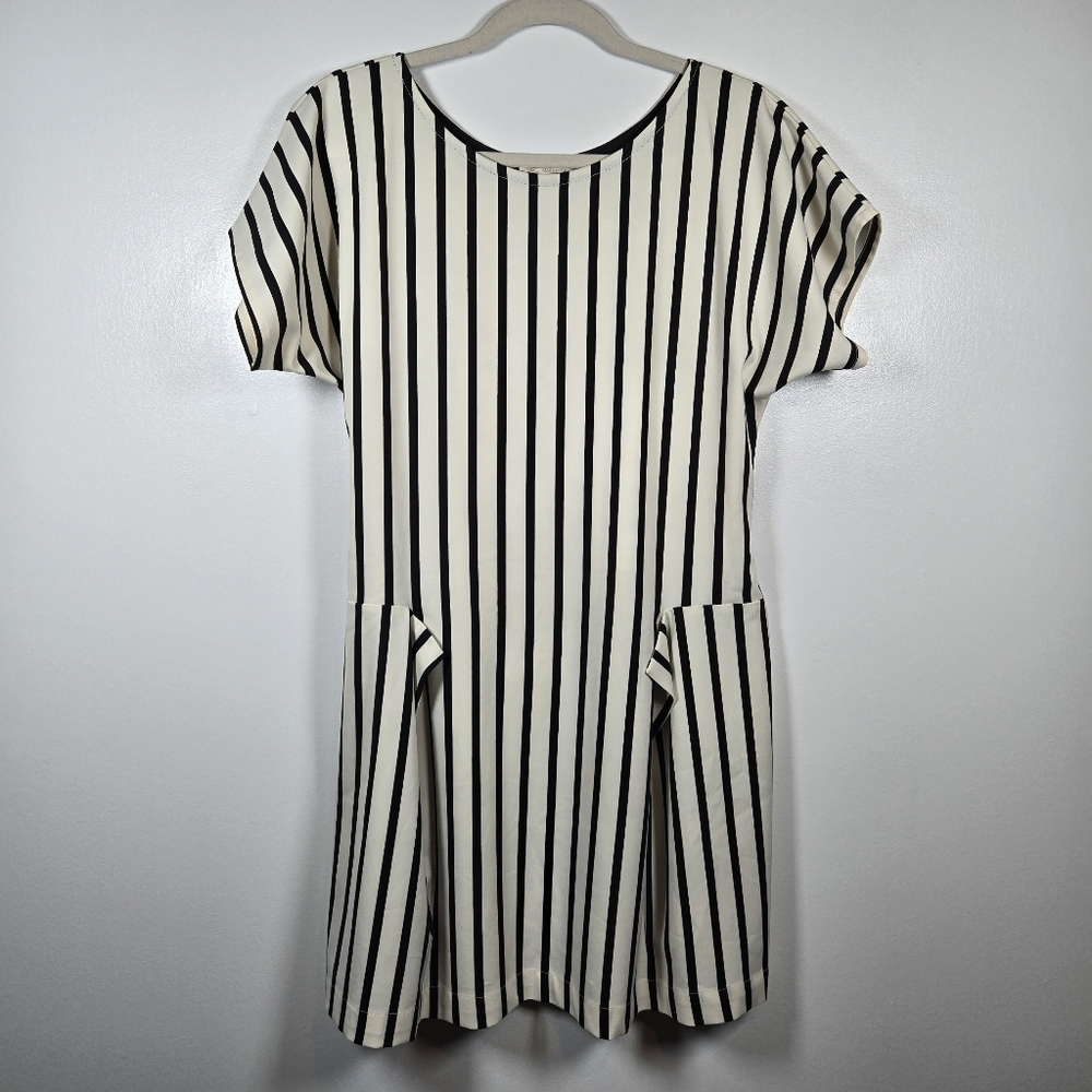 Oz Made In Italy Black & White Stripe Dolman Sleeve Stretch Midi Dress Medium